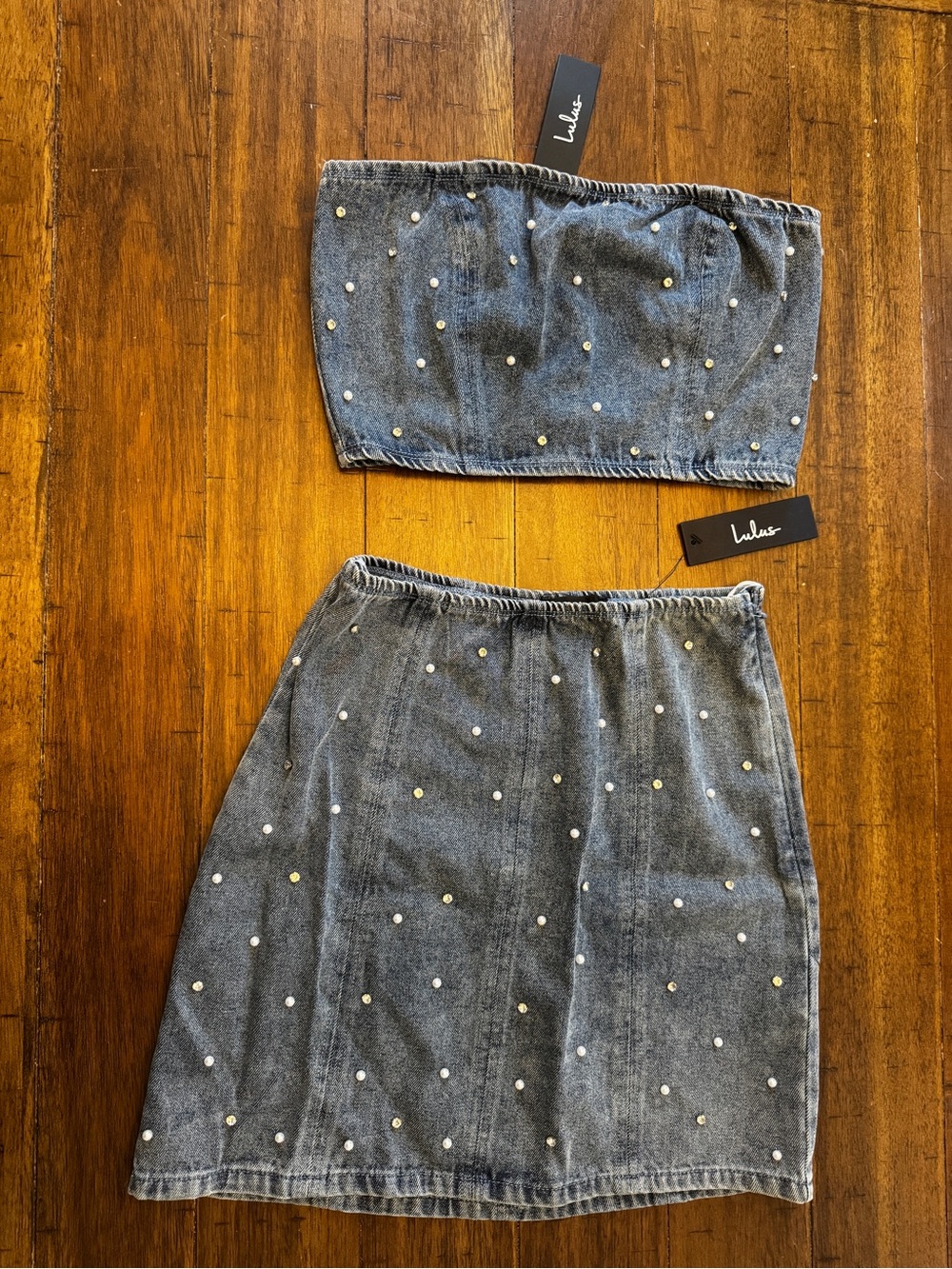 Lulu's Pearl-Studded Denim Skirt and Crop Top Set